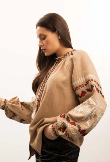 Pikaru Artisan Embroidered Cotton Boho Blouse – Earthy Beige Tassel Top with Bishop Sleeves