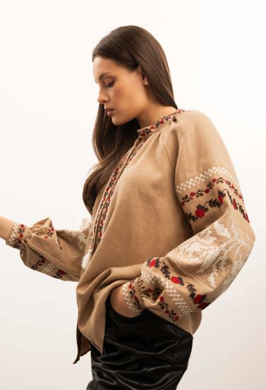 Pikaru Artisan Embroidered Cotton Boho Blouse – Earthy Beige Tassel Top with Bishop Sleeves