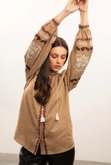 Pikaru Artisan Embroidered Cotton Boho Blouse – Earthy Beige Tassel Top with Bishop Sleeves
