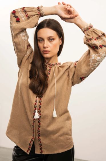 Pikaru Artisan Embroidered Cotton Boho Blouse – Earthy Beige Tassel Top with Bishop Sleeves