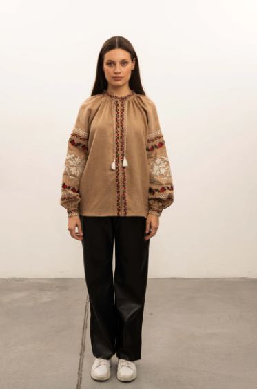 Pikaru Artisan Embroidered Cotton Boho Blouse – Earthy Beige Tassel Top with Bishop Sleeves