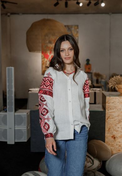 White Ukrainian Vyshyvanka Blouse | Red Geometric Cross-Stitch Embroidered Cotton Shirt | Boho Folk Art Top for Women | Ethnic Puff Sleeve