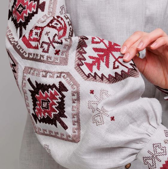 Hand-Embroidered Gray Folk Cotton Tunic Top  – Red Geometric Puff Sleeve Boho Top
