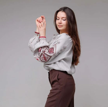 Hand-Embroidered Gray Folk Cotton Tunic Top  – Red Geometric Puff Sleeve Boho Top