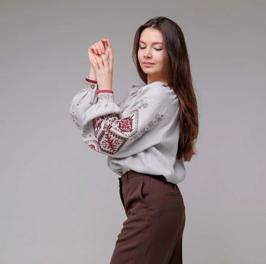 Hand-Embroidered Gray Folk Cotton Tunic Top  – Red Geometric Puff Sleeve Boho Top