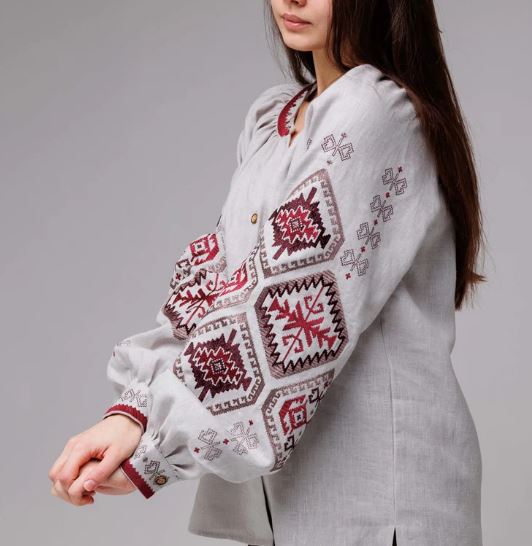 Hand-Embroidered Gray Folk Cotton Tunic Top  – Red Geometric Puff Sleeve Boho Top