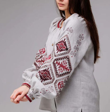 Hand-Embroidered Gray Folk Cotton Tunic Top  – Red Geometric Puff Sleeve Boho Top