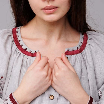 Hand-Embroidered Gray Folk Cotton Tunic Top  – Red Geometric Puff Sleeve Boho Top
