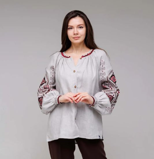 Hand-Embroidered Gray Folk Cotton Tunic Top  – Red Geometric Puff Sleeve Boho Top