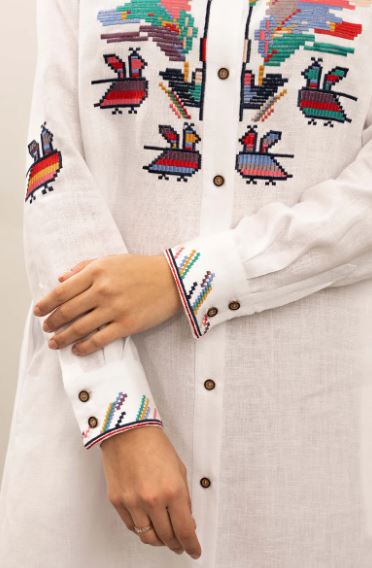 White Multicolor Folk Bird Embroidered Cotton Button-Up Shirt Dress – Boho Tie-Waist Long Sleeve Midi Dress for Women