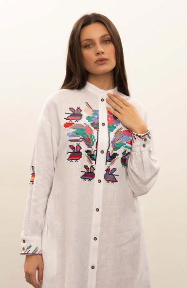 White Multicolor Folk Bird Embroidered Cotton Button-Up Shirt Dress – Boho Tie-Waist Long Sleeve Midi Dress for Women