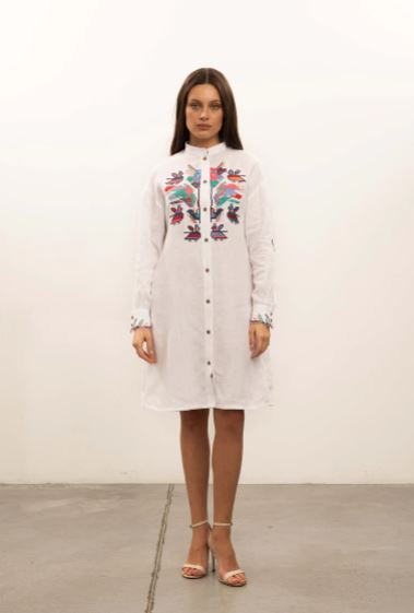 White Multicolor Folk Bird Embroidered Cotton Button-Up Shirt Dress – Boho Tie-Waist Long Sleeve Midi Dress for Women