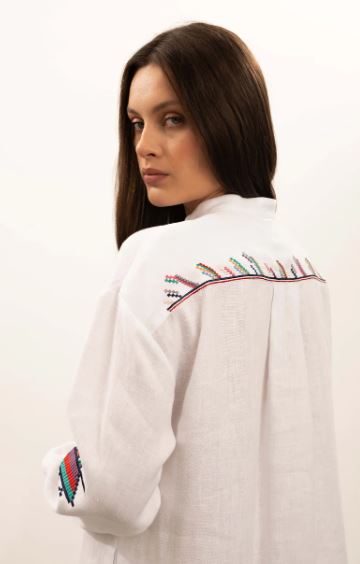White Multicolor Folk Bird Embroidered Cotton Button-Up Shirt Dress – Boho Tie-Waist Long Sleeve Midi Dress for Women