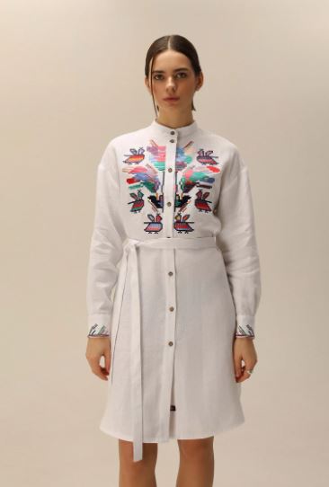 White Multicolor Folk Bird Embroidered Cotton Button-Up Shirt Dress – Boho Tie-Waist Long Sleeve Midi Dress for Women