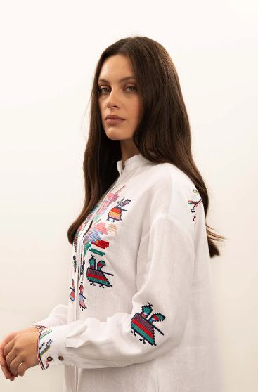 White Multicolor Folk Bird Embroidered Cotton Button-Up Shirt Dress – Boho Tie-Waist Long Sleeve Midi Dress for Women