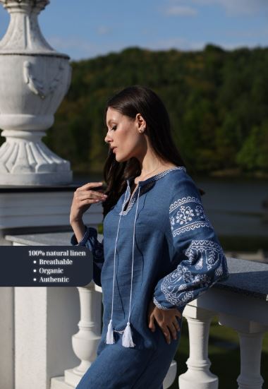 Blue Linen Embroidered Midi Dress for Women – Boho Folk Tassel Vyshyvanka Style