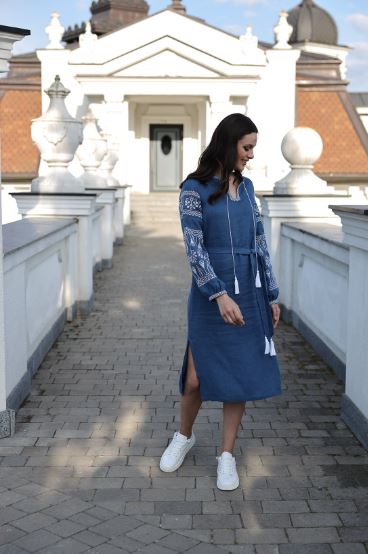 Blue Linen Embroidered Midi Dress for Women – Boho Folk Tassel Vyshyvanka Style