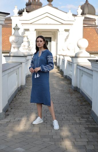 Blue Linen Embroidered Midi Dress for Women – Boho Folk Tassel Vyshyvanka Style