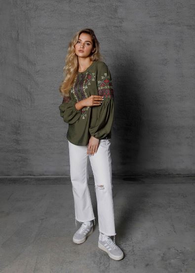 Hand-Embroidered Olive Green Folk Cotton Tunic Top – Geometric Puff Sleeve Boho Top