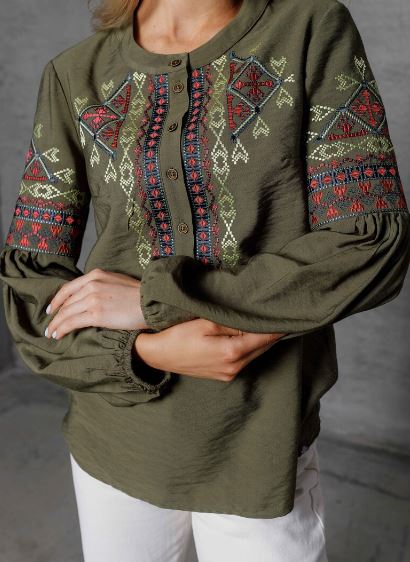 Hand-Embroidered Olive Green Folk Cotton Tunic Top – Geometric Puff Sleeve Boho Top