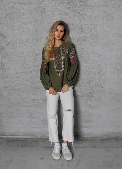 Hand-Embroidered Olive Green Folk Cotton Tunic Top – Geometric Puff Sleeve Boho Top