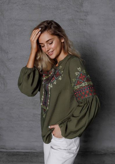 Hand-Embroidered Olive Green Folk Cotton Tunic Top – Geometric Puff Sleeve Boho Top