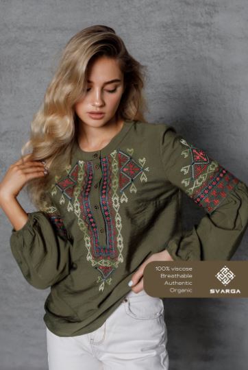 Hand-Embroidered Olive Green Folk Cotton Tunic Top – Geometric Puff Sleeve Boho Top