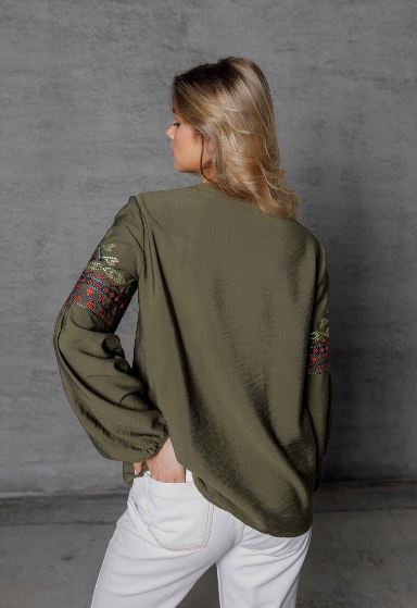 Hand-Embroidered Olive Green Folk Cotton Tunic Top – Geometric Puff Sleeve Boho Top