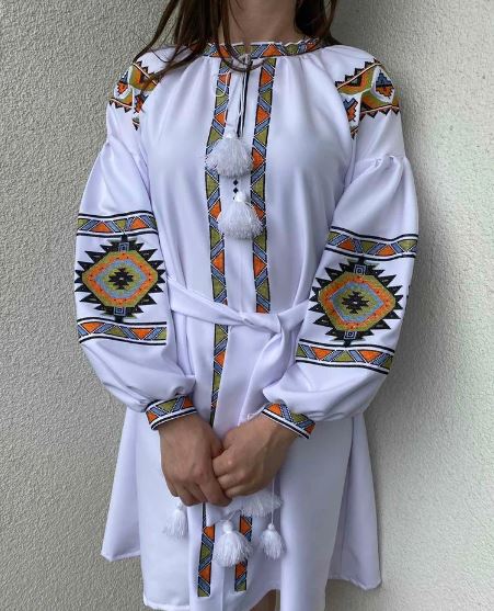 White Hand-Embroidered Geometric Cotton Mini Dress for Women – Boho Folk Tassel Puff Sleeve Vyshyvanka Style