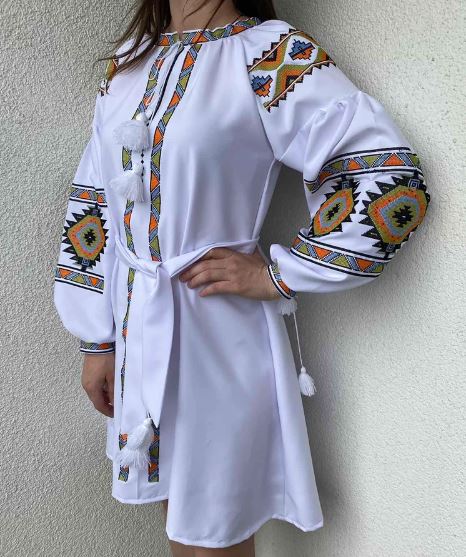 White Hand-Embroidered Geometric Cotton Mini Dress for Women – Boho Folk Tassel Puff Sleeve Vyshyvanka Style