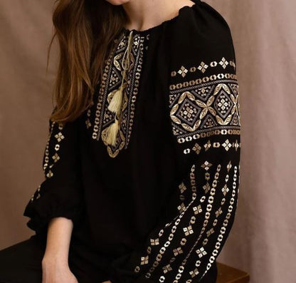 Hand-Embroidered Black Geometric Cotton Blouse – Gold Folk Puff Sleeve Boho Top with Tassels