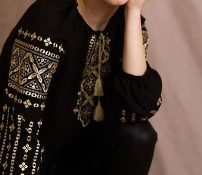 Hand-Embroidered Black Geometric Cotton Blouse – Gold Folk Puff Sleeve Boho Top with Tassels