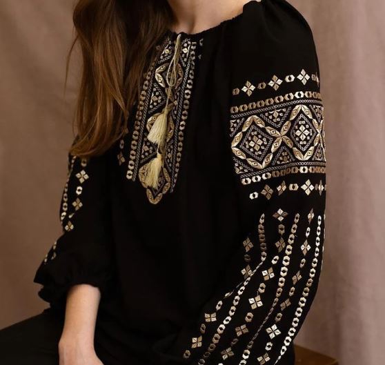 Hand-Embroidered Black Geometric Cotton Blouse – Gold Folk Puff Sleeve Boho Top with Tassels