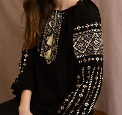 Hand-Embroidered Black Geometric Cotton Blouse – Gold Folk Puff Sleeve Boho Top with Tassels