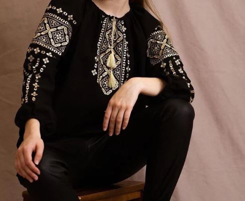Hand-Embroidered Black Geometric Cotton Blouse – Gold Folk Puff Sleeve Boho Top with Tassels