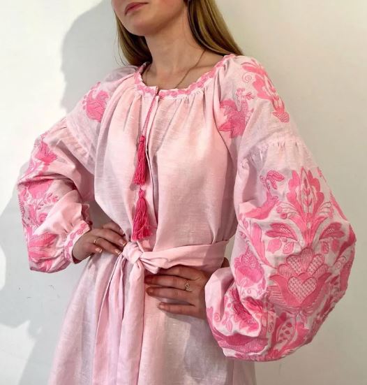 Pink Embroidered Cotton Puff Sleeve Boho Dress – Folk Tassel Tie-Waist Summer Midi Dress for Women