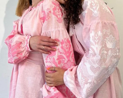 Pink Embroidered Cotton Puff Sleeve Boho Dress – Folk Tassel Tie-Waist Summer Midi Dress for Women