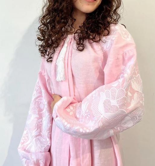 Pink Embroidered Cotton Puff Sleeve Boho Dress – Folk Tassel Tie-Waist Summer Midi Dress for Women