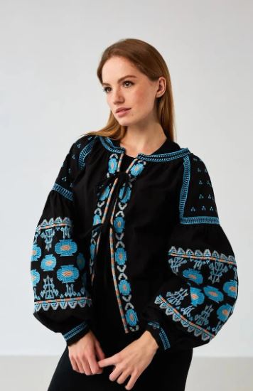Black Embroidered Cotton Puff Sleeve Blouse | Boho Folk Tunic Top for Women