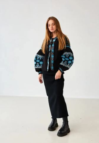 Black Embroidered Cotton Puff Sleeve Blouse | Boho Folk Tunic Top for Women