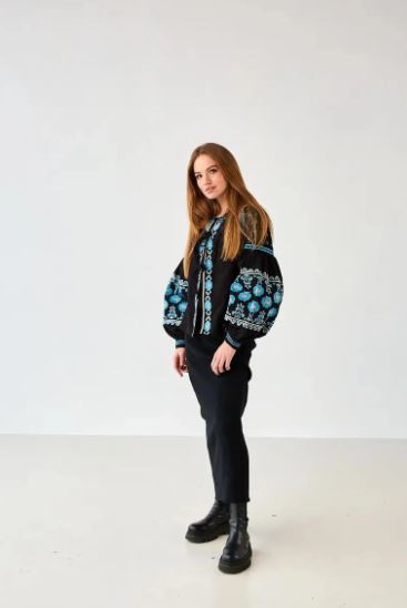 Black Embroidered Cotton Puff Sleeve Blouse | Boho Folk Tunic Top for Women