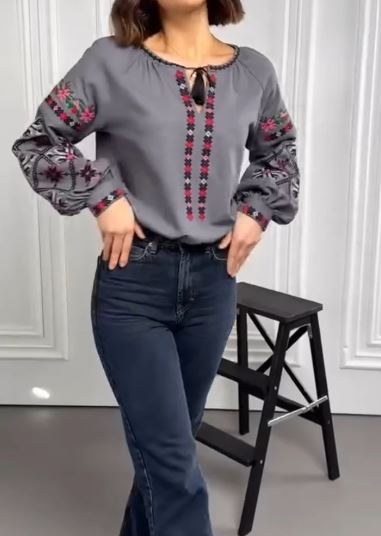 Grey Hand-Embroidered Cotton Boho Blouse Top  – Floral Folk Tunic Top with Puffed Sleeves