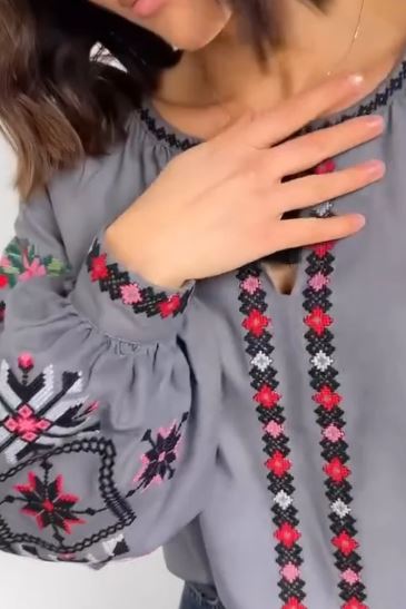 Grey Hand-Embroidered Cotton Boho Blouse Top  – Floral Folk Tunic Top with Puffed Sleeves