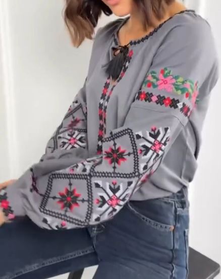 Grey Hand-Embroidered Cotton Boho Blouse Top  – Floral Folk Tunic Top with Puffed Sleeves