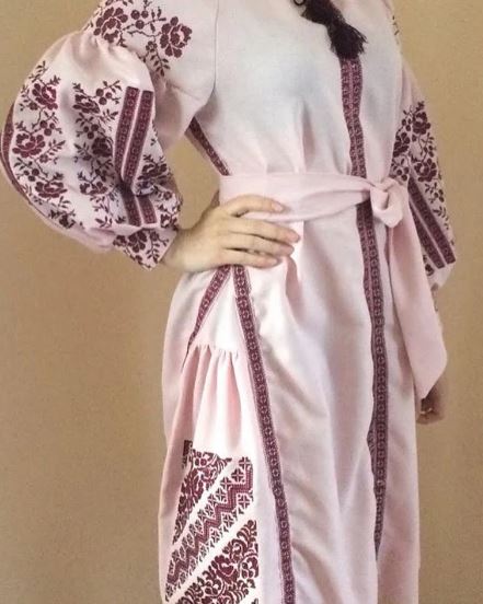 Blush Pink Maroon Folk Embroidered Cotton Puff Sleeve Boho Dress – Tassel Tie-Waist Summer Midi Dress for Women