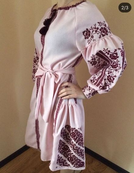 Blush Pink Maroon Folk Embroidered Cotton Puff Sleeve Boho Dress – Tassel Tie-Waist Summer Midi Dress for Women