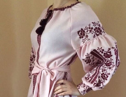 Blush Pink Maroon Folk Embroidered Cotton Puff Sleeve Boho Dress – Tassel Tie-Waist Summer Midi Dress for Women