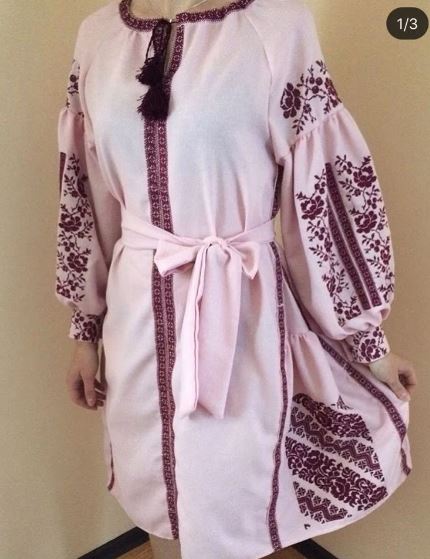 Blush Pink Maroon Folk Embroidered Cotton Puff Sleeve Boho Dress – Tassel Tie-Waist Summer Midi Dress for Women