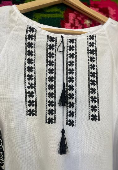 White Hand-Embroidered Cotton Boho Blouse – Black Folk Tunic Top with Tassel Neck & Puffed Sleeves