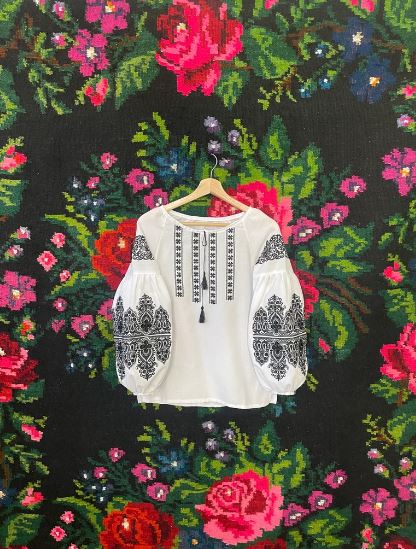 White Hand-Embroidered Cotton Boho Blouse – Black Folk Tunic Top with Tassel Neck & Puffed Sleeves